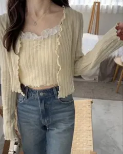 リブ編みレース付き長袖カーディガン