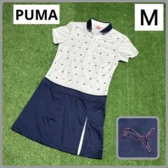 プーマ　レディース　ゴルフワンピース　半袖　ネイビー×ホワイト　刺繍模様　M