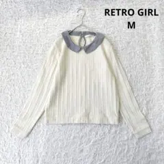 【レトロガール】襟付リブニット　セーター　ホワイト　襟ストライプ　М