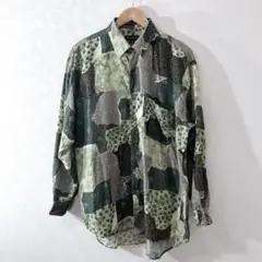 ヴィンテージ　総柄　シルク　長袖シャツ　メンズ　L レトロ　古着