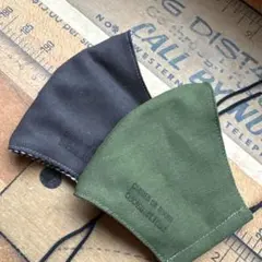 ハンドメイド布マスク★9738 大人用 綿麻 グリーン 緑 ブラック 黒系。ゴム