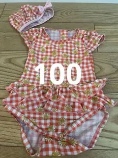 女の子用オレンジ・チェック柄ワンピース水着　100センチ