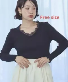 ニット 長袖 リブニット トップス レース Vネック プルオーバー