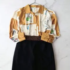 a アート柄 シャツ ブラウス バッグ ワイン 昭和レトロ ヴィンテージ 金ボタ