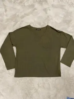 オリーブ色 Vネック レディース長袖Tシャツのサムネイル