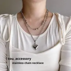 2set ステンレスハートチェーンネックレス　オーバルシルバービーズ