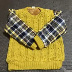 イエローニットトレーナーチェック袖