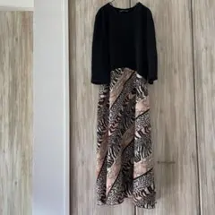 【ZARA】ザラ　異素材コンビ　ミディロングワンピース　アニマルプリント　豹蛇縞