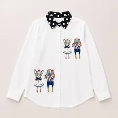 【個性派】猫×フクロウ ドット襟 シャツブラウス 白 レトロポップ M 綿ポリのサムネイル