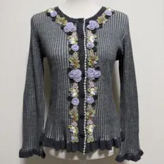 3D お花モチーフ リブ編みニットカーディガン レトロ 90s