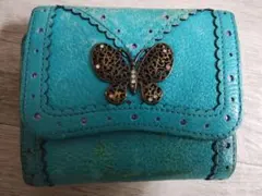 ANNA SUI　蝶モチーフ 三つ折り財布 ターコイズブルー
