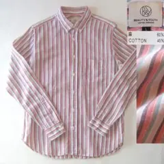 美品　ビューティー＆ユース　リネンシャツ　コットンリネン　長袖　ストライプ　Lのサムネイル