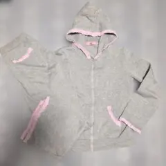 フリル付き ルームウェア上下セット グレー×ピンク M