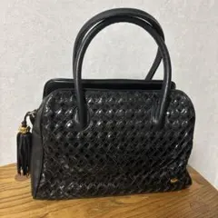 美品】編み込みがま口ハンドバッグ黒本革レザーゴールド金具フォーマル 