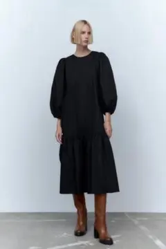 ザラ ロングワンピース ポプリンワンピース バックリボン ブラック Lサイズ