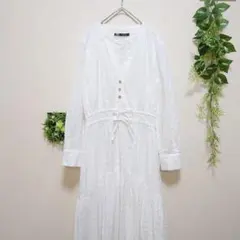 ❦F7-42【やや傷】ザラ　刺繍コットンレースＶネックティアードロングワンピース