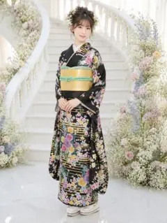 美品 正絹振袖フルセット 絞り風 長襦袢付き 紺色 花柄 華やか 成人式