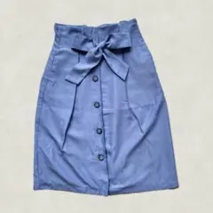 リボン付き 青 台形スカート タイトスカート ポケットあり Mサイズ