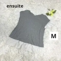 美品ensuiteレディース半袖Tシャツチュニック　グレー×ストライプ柄白×黒Mのサムネイル