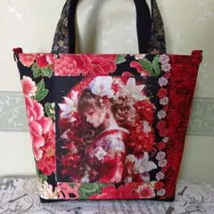 ハンドメイド　花柄女性イラスト　ミニトートバッグ