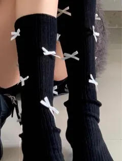 リボン付き黒リブ編みレッグウォーマー靴下 グランジ Y2K