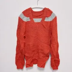 オレンジ Vネックニットセーター Mサイズ グレー 冬 カジュアル