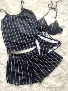 【新品】 水着 レディース ブラック 黒 ストライプ シンプル 4点セット