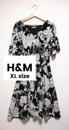 H&M 花柄Vネックリボンワンピース モノトーン XL 大きいサイズ