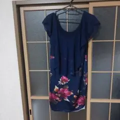 ネイビー フラワープリント ノースリーブ ワンピース