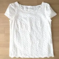 JUSGLITTY レース刺繍ホワイト半袖トップス　パフスリーブ　M