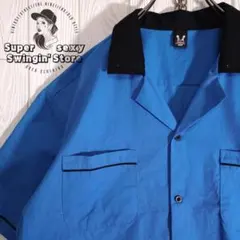 人気 ヒルトン HILTON 半袖ボーリングシャツ XL ブルー ブラック 古着
