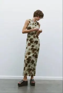ZARA プリント柄ドレープミディ丈ワンピース Lサイズ