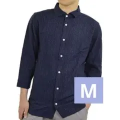 新品✨M フレンチリネン 七分袖シャツ 涼感 麻混 ストライプ 紺 ネイビー