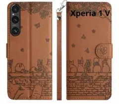 Xperia 1 V スマホケース 手帳型 ストラップ付き 茶 ブラウン 猫
