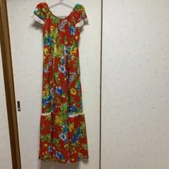 フラダンス用赤い花柄ロングドレス