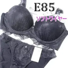 13[E85&LL]ソフトワイヤー美胸ブラ ショーツ 　チャコールブルーレース