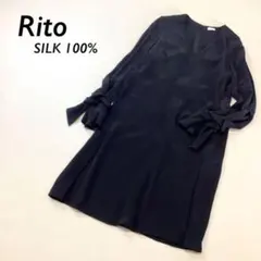 【滑らかなシルク100%】Rito シルク リボン ワンピース ブラックのサムネイル