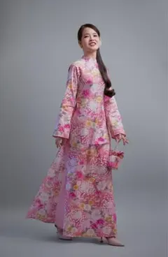 No.T2617綿コットン×リネン 菊花柄ハンドメイドベトナムアオザイセット