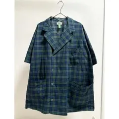 変形デザイン アシンメトリー グリーン チェック 短丈 ショート丈 半袖シャツ