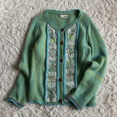 【チチカカ】チバイ刺繍ニットカーディガン　ペルー　ブルー×グリーン　一点物