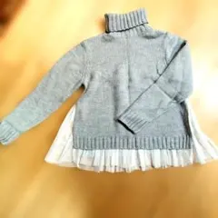 グレー タートルネックニット チュールレイヤー付き　大人可愛い