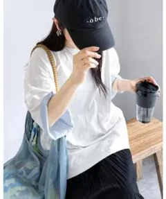ꕤレカ/袖裏ストライプ5分袖Tシャツのサムネイル