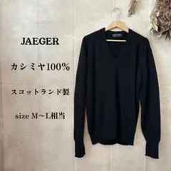 JAEGER カシミヤ100% Vネックニット セーター ブラック 襟元破れありのサムネイル