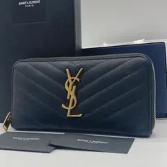 サンローラン　長財布　ラウンドファスナー　キャビアスキン　カサンドラ YSL 黒