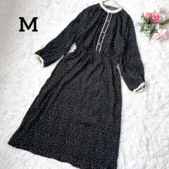 長袖とろみロングワンピース　ドット柄　黒　白　M　バンドカラー　薄手　5707