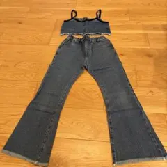 デニム フレアパンツ クロップドトップ セット