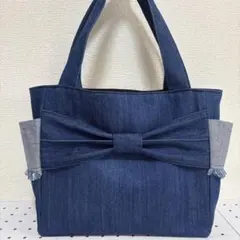 リメイクデニム生地リボン付き両サイドポケット付きトートバック