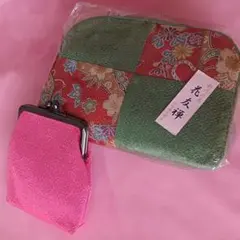 ஐ⋆* 和風小物　花友禅　薄緑色 和柄　&　もも色 がま口　ちりめん地ポーチ