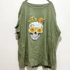 SHEIN 【3XL】 大きいサイズ コットンTシャツ 骸骨 ひまわり カーキ