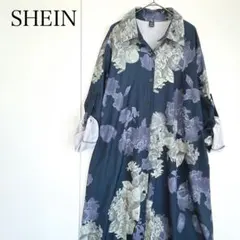 花柄シャツワンピース 大きいサイズ XL ロング 長袖 羽織り ネイビー 春 夏